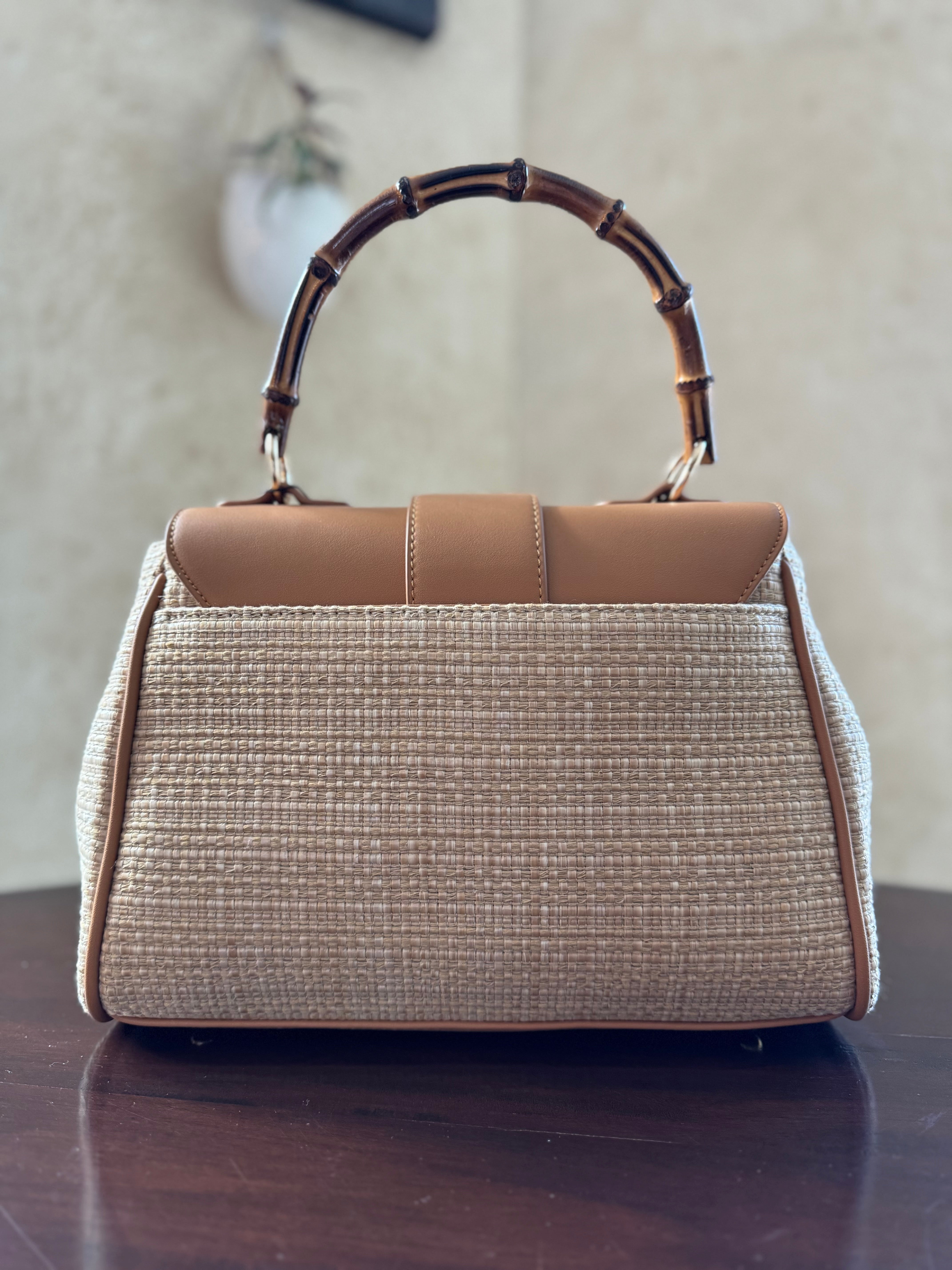 Contrast Straw Handbag - Tan