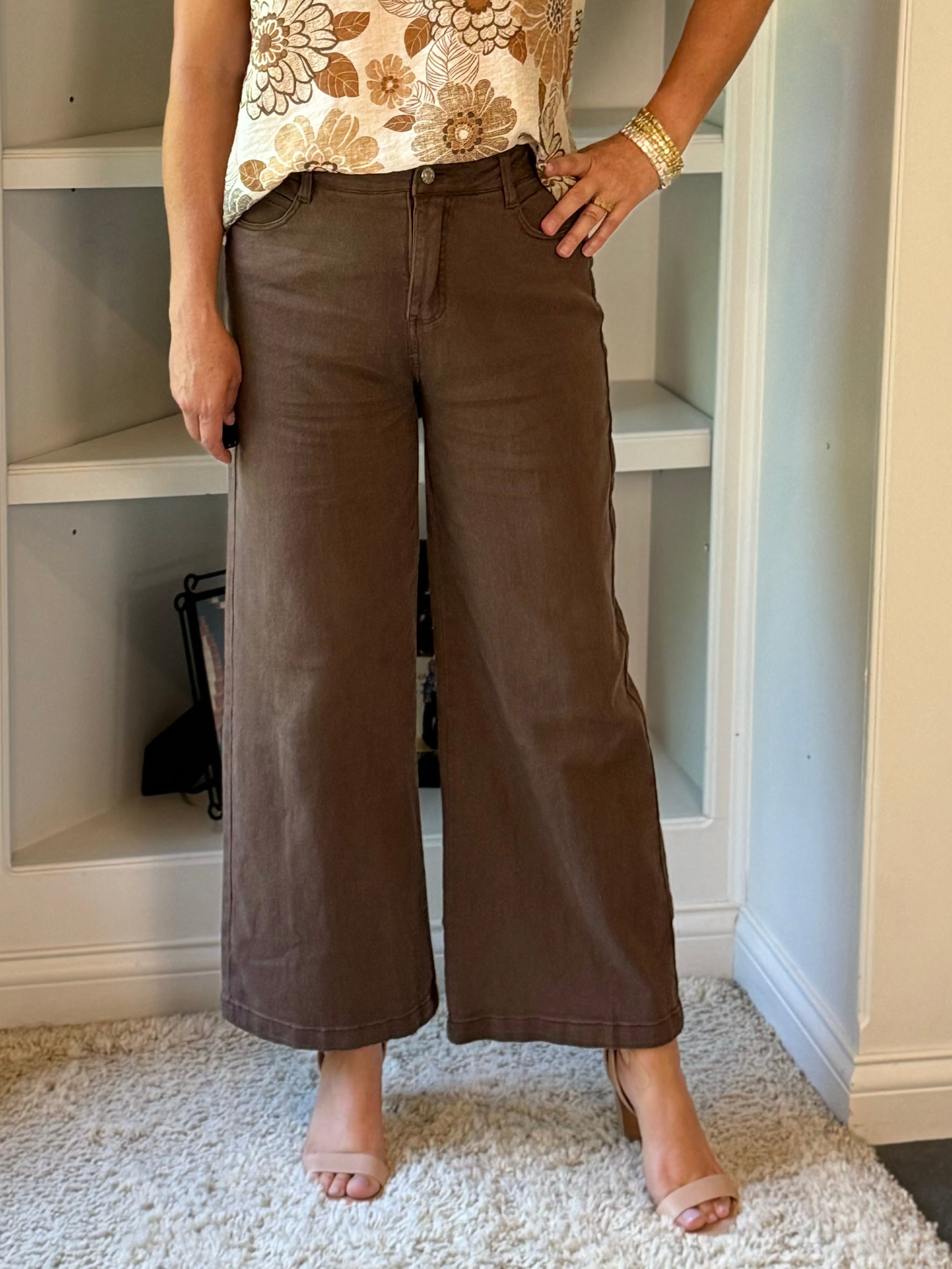 Vintage Wide Leg Crop Pants - Brown