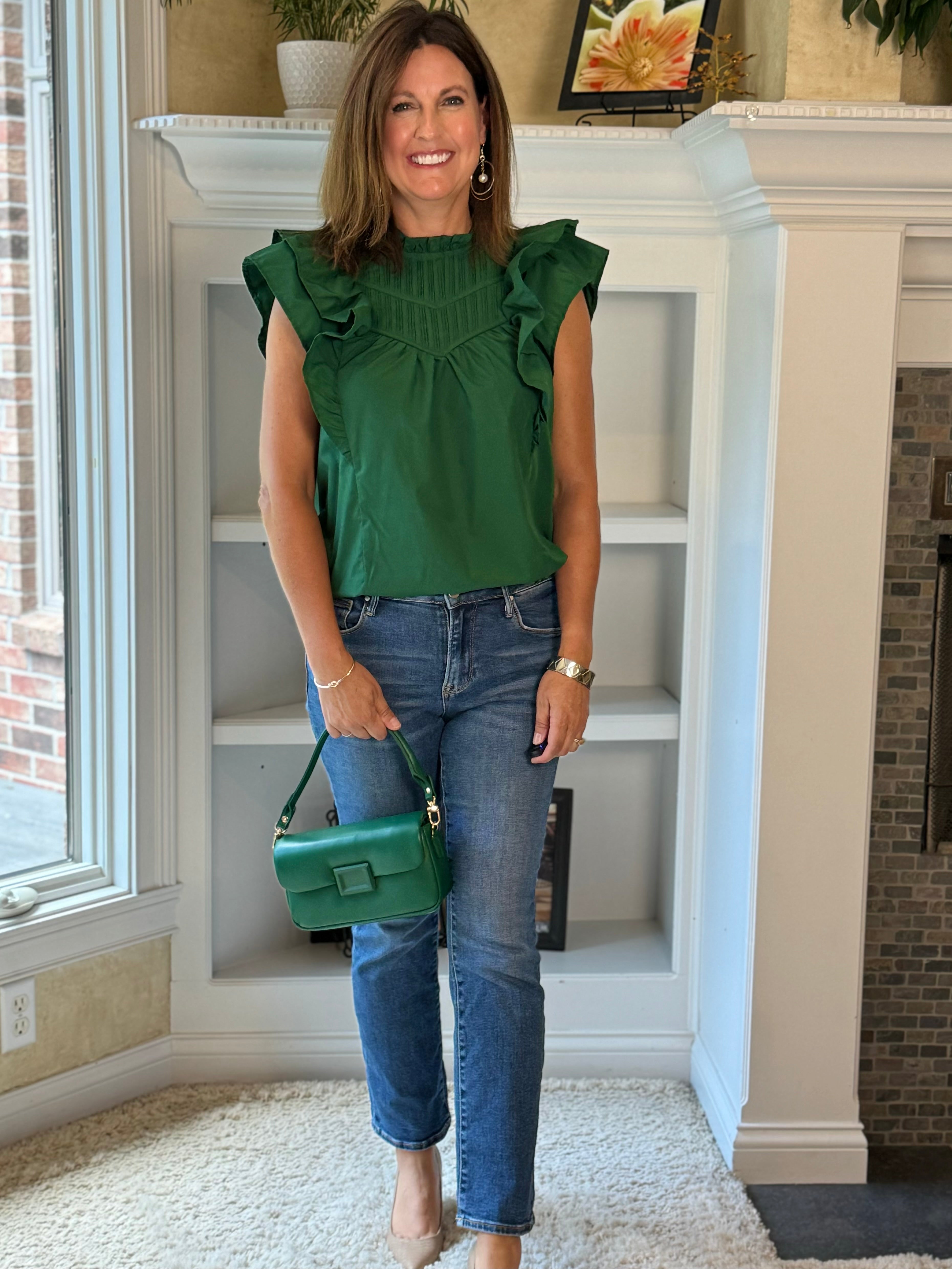 Ruffled Short-Sleeve Top - Hunter Green