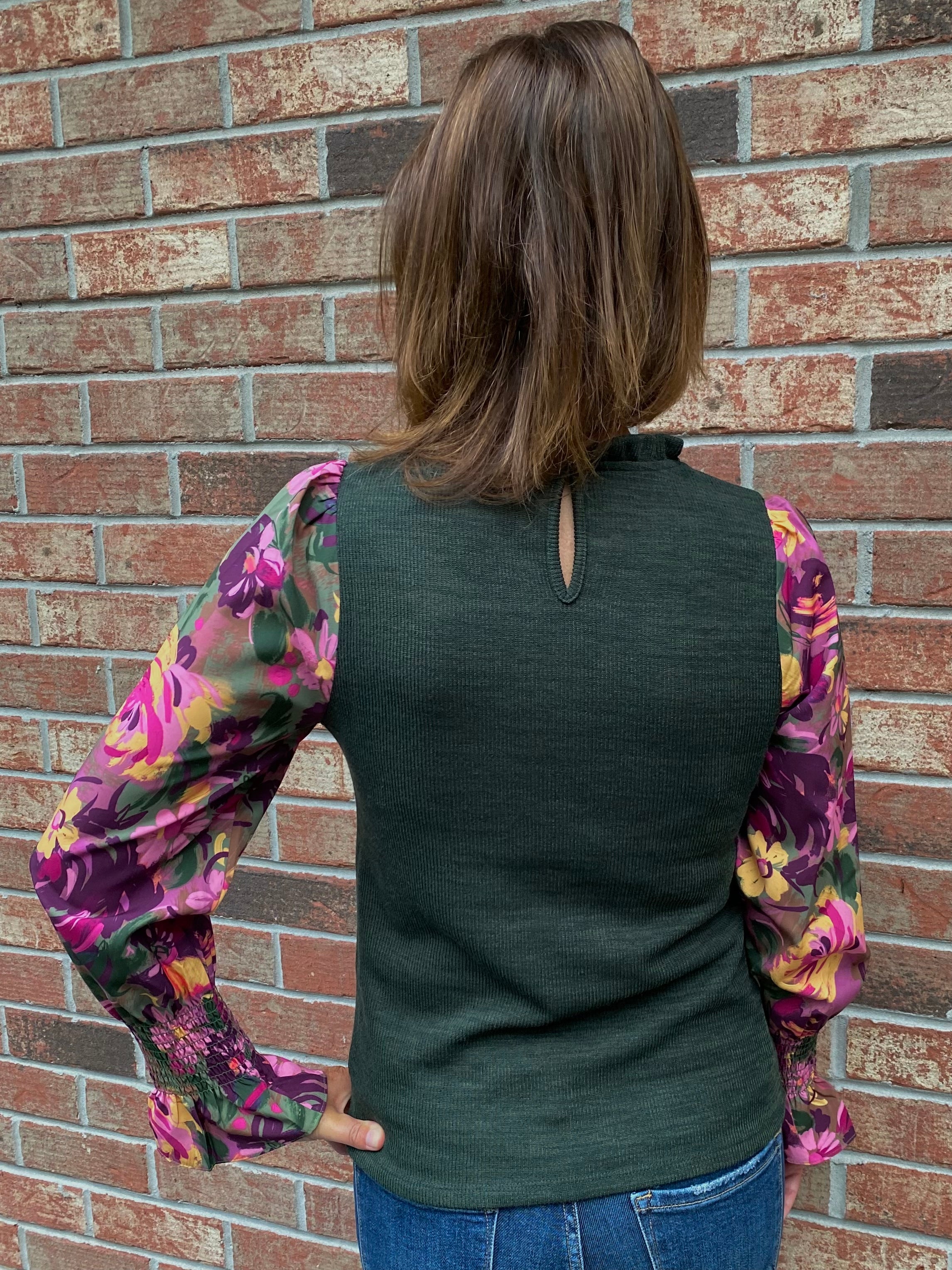 THML Long-Sleeve Ribbed Top with Floral Sleeves