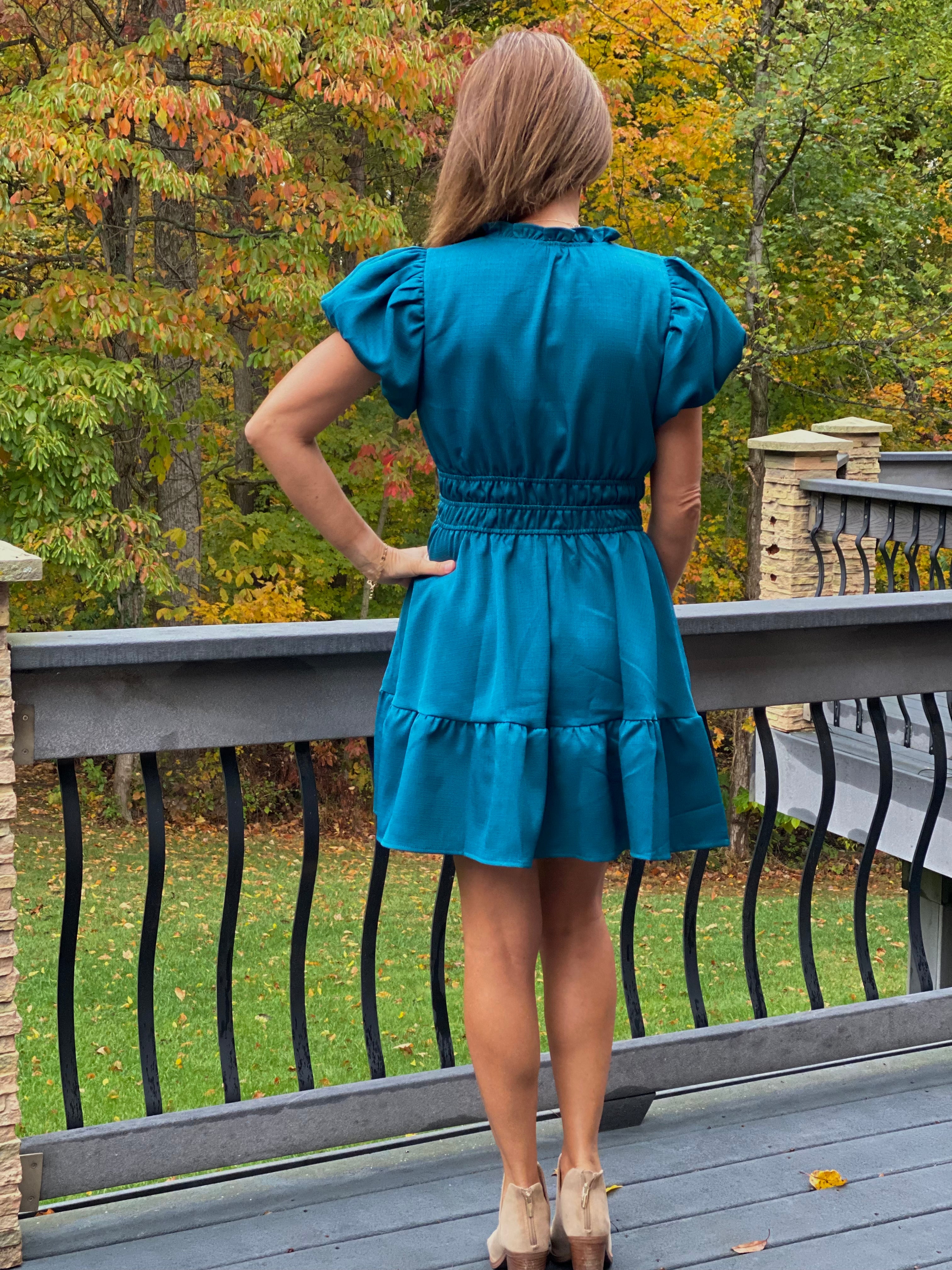 V-Neck Short Sleeve Dress - Teal