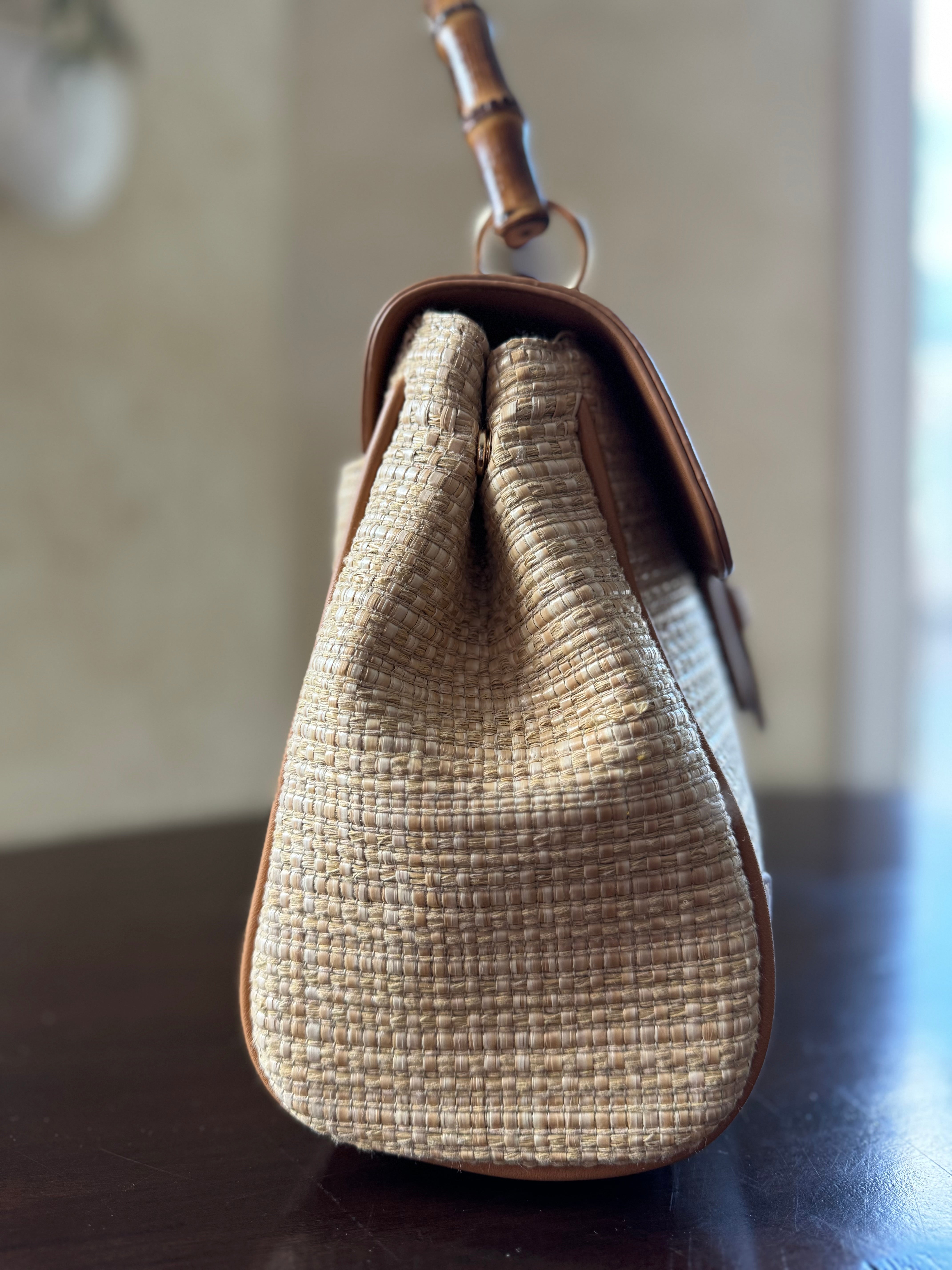 Contrast Straw Handbag - Tan