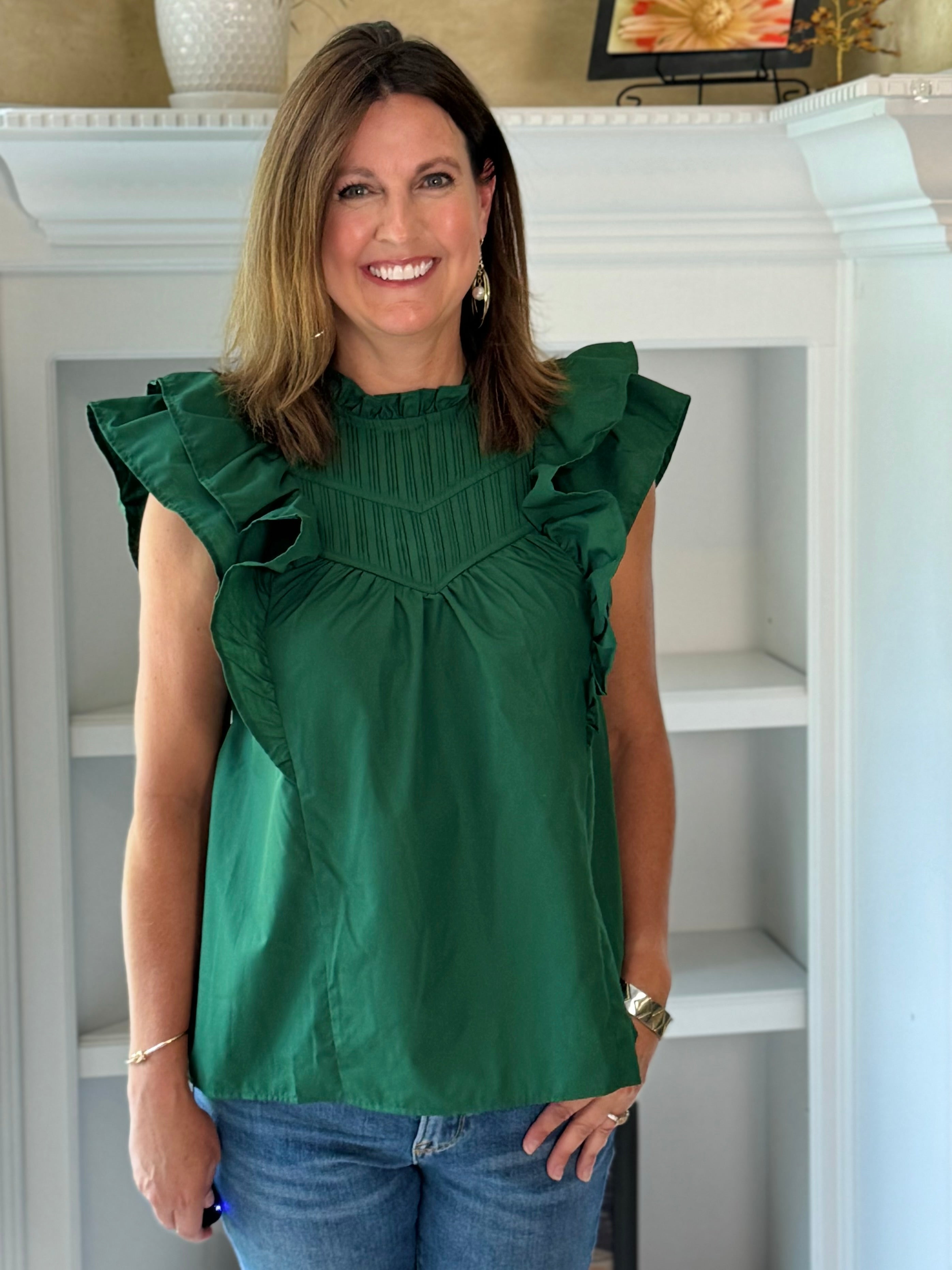 Ruffled Short-Sleeve Top - Hunter Green