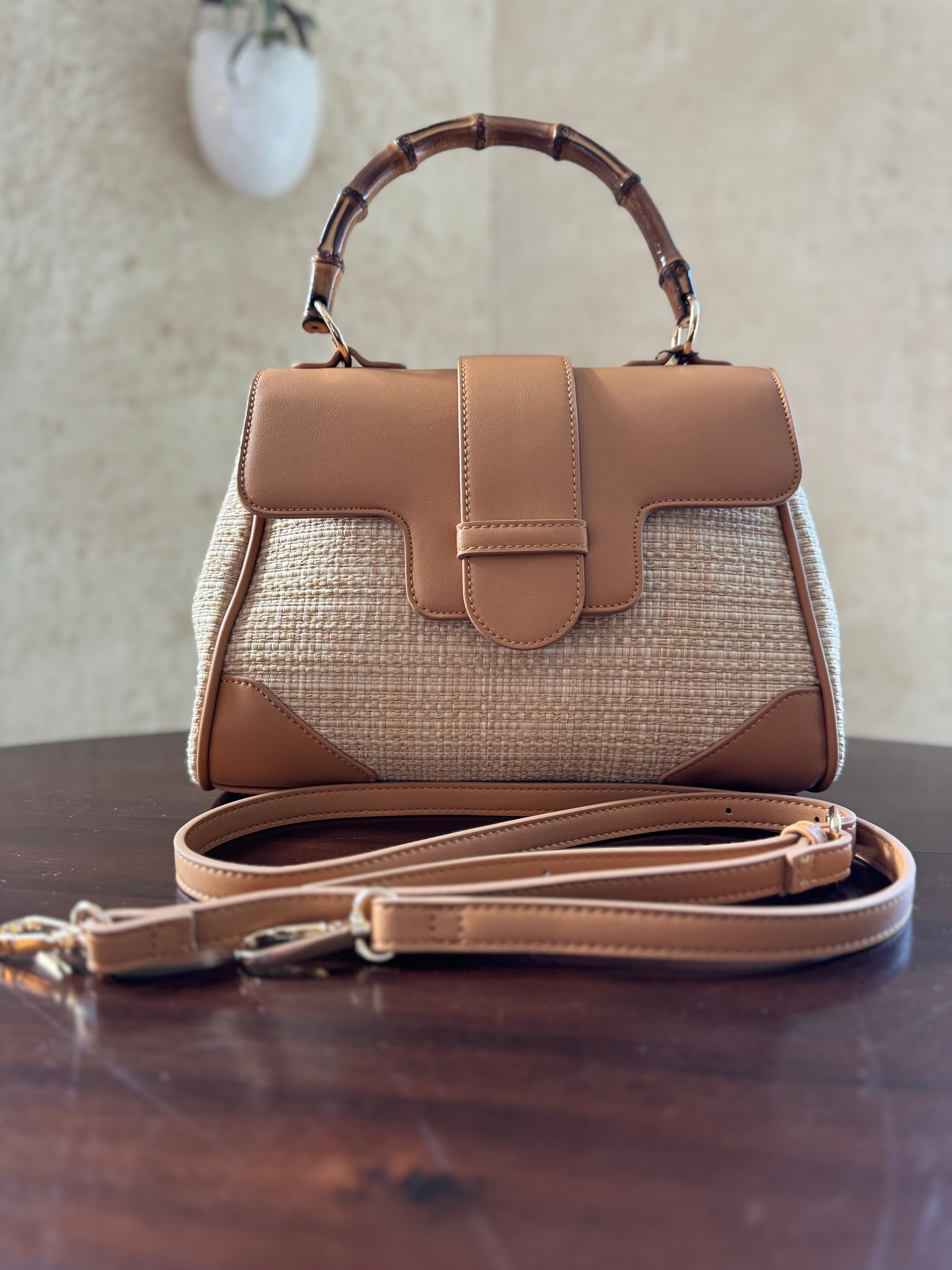 Contrast Straw Handbag - Tan