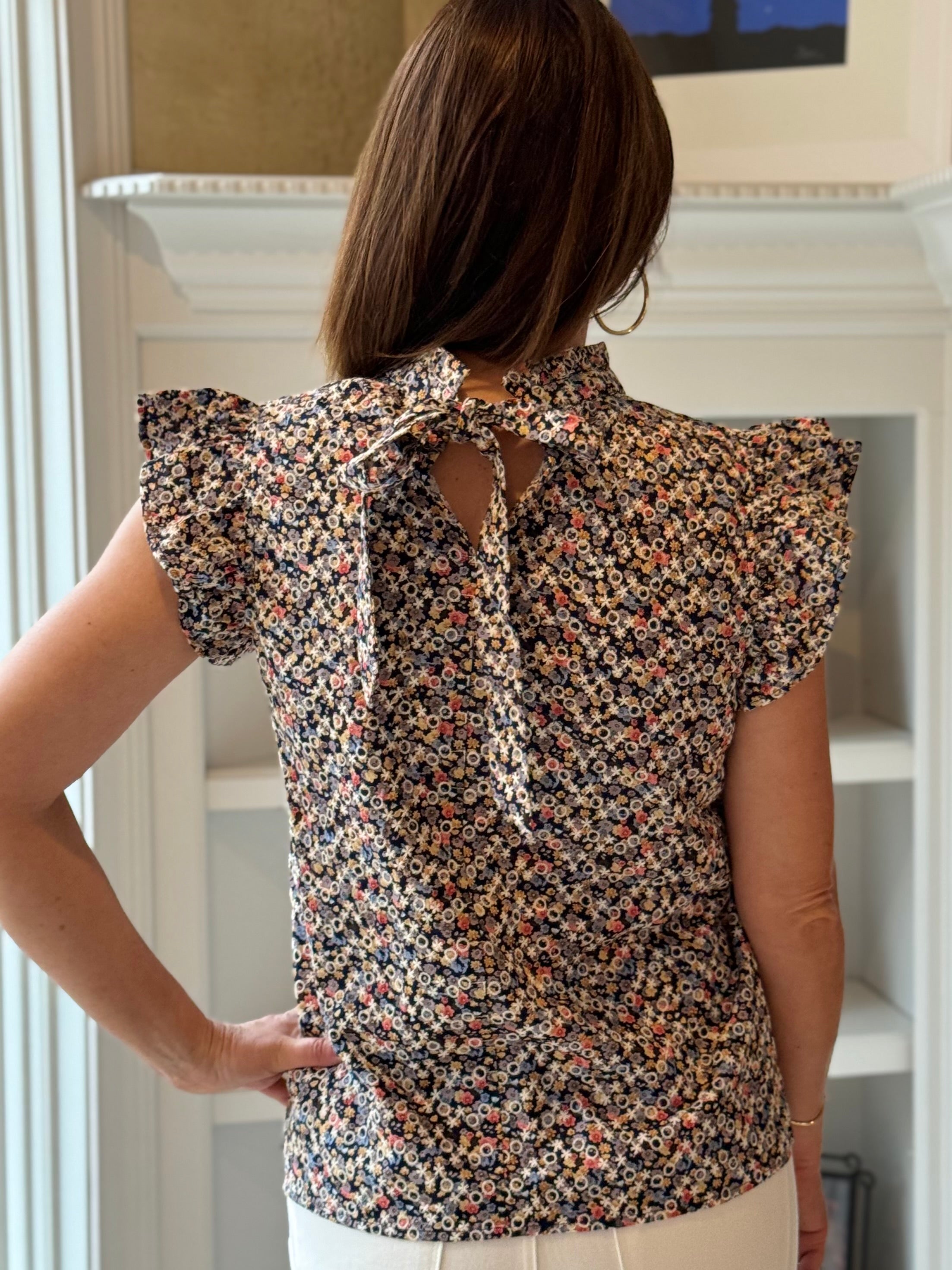 Exquisite Embroidered Print Top with Back Tie Neck