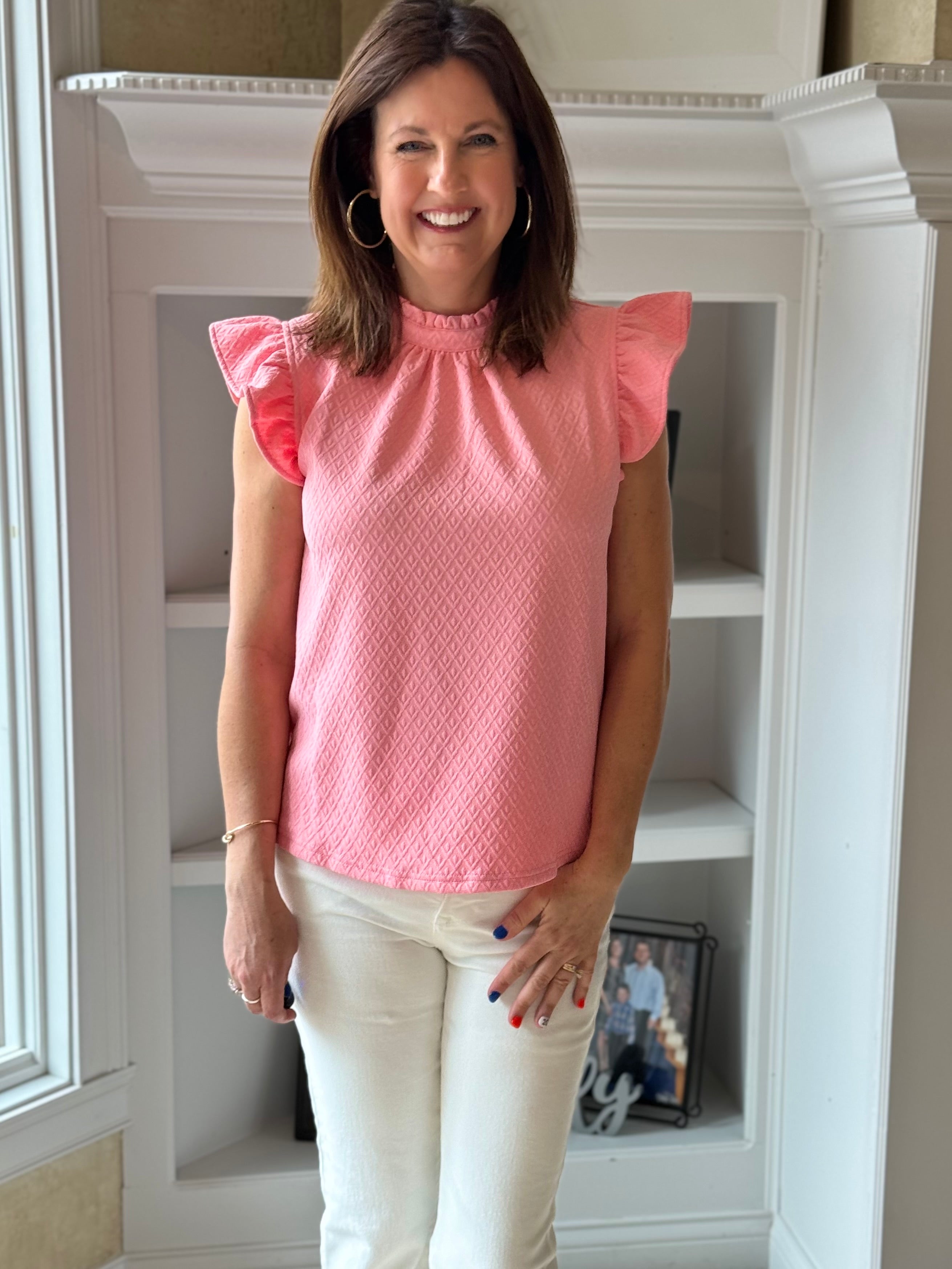 Chiffon Textured Top with Back Neck Tie - Pink