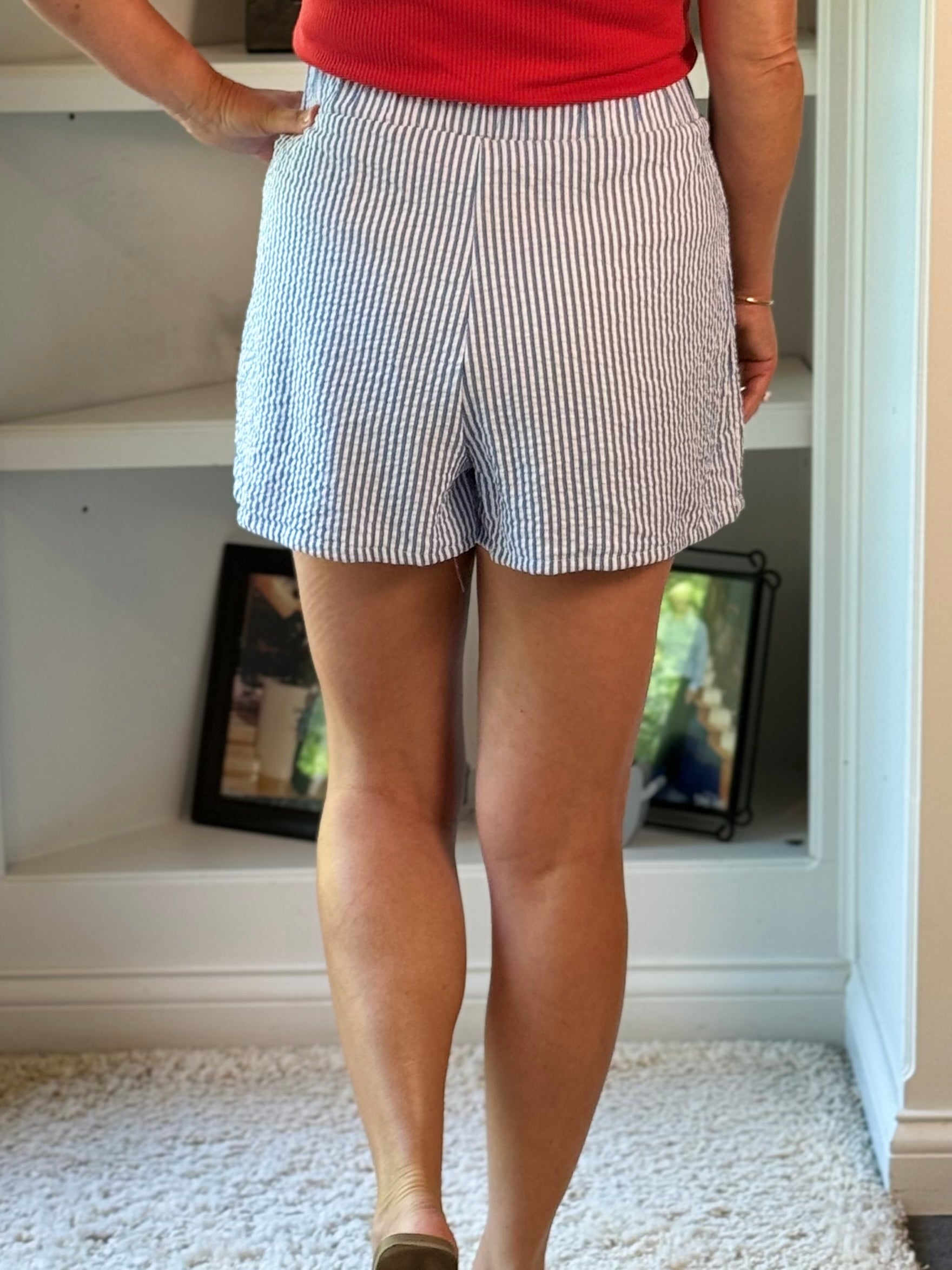 Striped Shorts with Waist Belt - Blue/White