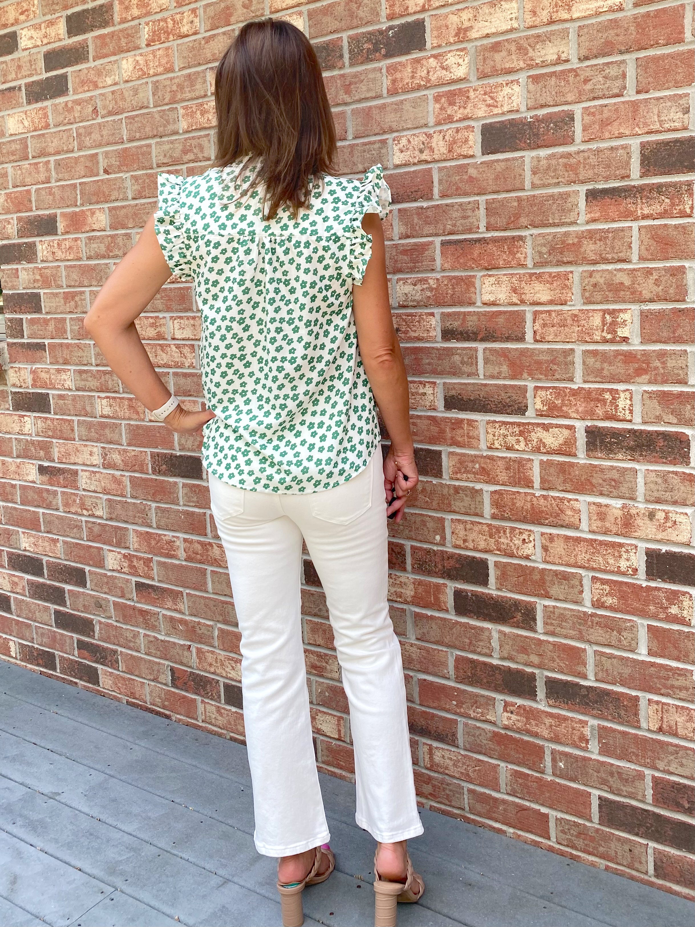 Pop of Green Ruffle Sleeve Blouse